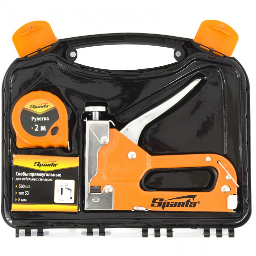 Фото 1 товара Набор: степлер меб. регулируемый, скобы 500 шт, рулетка 2 м, тип скобы 53, 6-14 мм Sparta