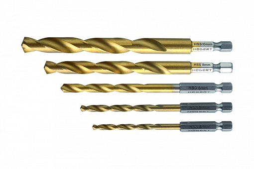 Фото 0 товара Набор сверл по металлу с шестигранным хвостовиком 1/4'', набор 4, 5, 6, 8, 10 мм, сталь HSS HOEGERT