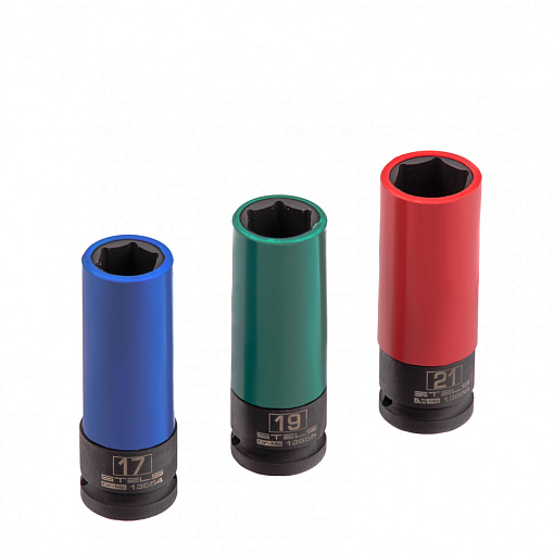 Фото 1 товара Набор головок ударных 6-гранных удл. для колес. дисков 17, 19, 21 мм, 1/2", 3 пред. Stels