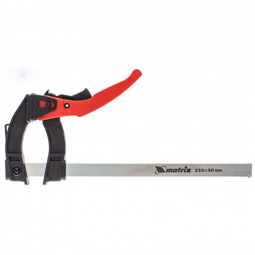Фото 0 товара Струбцина реечная быстрозажимная, пластиковый корпус рычажно-храповой механизм, 250 х 90 х 340 мм, штанга 5 х 20 мм Matrix