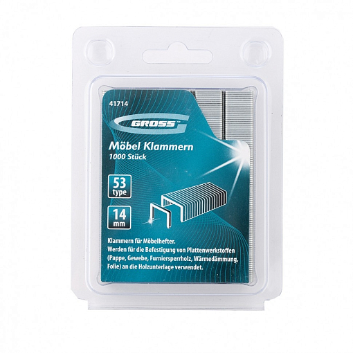 Фото 1 товара Скобы, 14 мм, для мебельного степлера, усиленные, тип 53, 1000 шт Gross