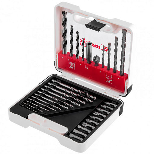 Фото 1 товара Набор сверл комб., мет. 1-6 мм, бет. 4-8 мм, де. 4-8 мм, биты 10 шт., адаптер, зенковка (31 предмет) Pro Matrix