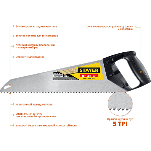 Фото 1 товара Ножовка ударопрочная (пила) TopCut STAYER 5 TPI, 400 мм, 15061-40_z02