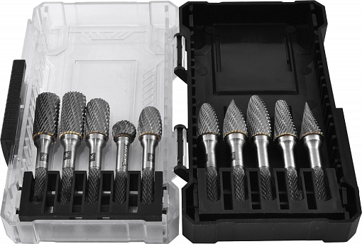 Фото 1 товара Набор борфрез твердосплавных, тип A, B, C, D, E, F, G, H, L, M, 6 мм, двойная насечка, в кейсе, 10 предметов, THORVIK