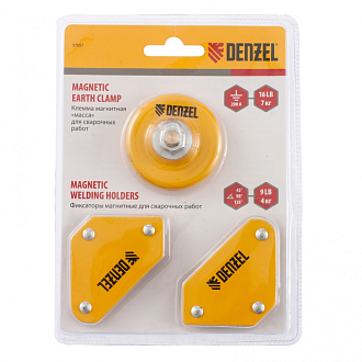Набор из 2 магнитных сварочных фиксаторов и магнитной клеммы масса Denzel - фото 1