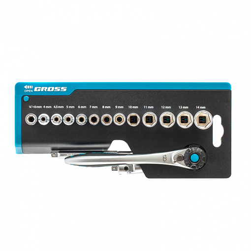 Фото 0 товара Набор торцевых головок, трещотка 120 зубьев, 36 пред., 1/4", CrV Gross