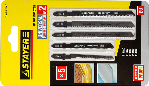 Фото 0 товара Пилки для эл/лобзика "УНИВЕРСАЛ №2" STAYER по дереву и металлу, EU-хвост., 5 шт., 15980-H5-2