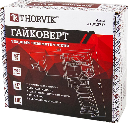 Фото 3 товара Гайковерт ударный пневматический 1/2"DR 7500 об/мин, 717 Нм, THORVIK