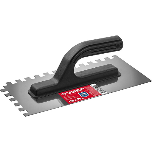 Фото 0 товара Штукатурная гладилка 130х270 мм 10х10мм зубчатая нержавеющая с пластиковой ручкой Зубр 08042-10