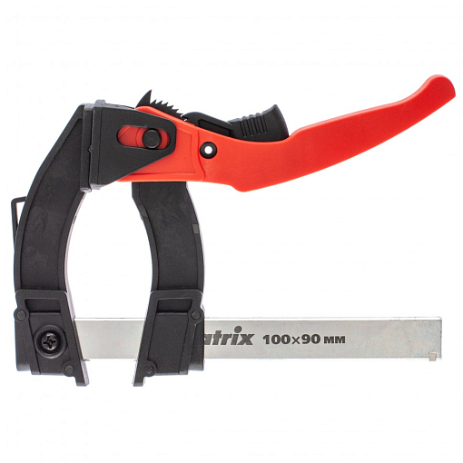 Фото 0 товара Струбцина реечная быстрозажимная, пластиковый корпус рычажно-храповой механизм, 100 х 90 х 195 мм, штанга 5 х 20 мм Matrix