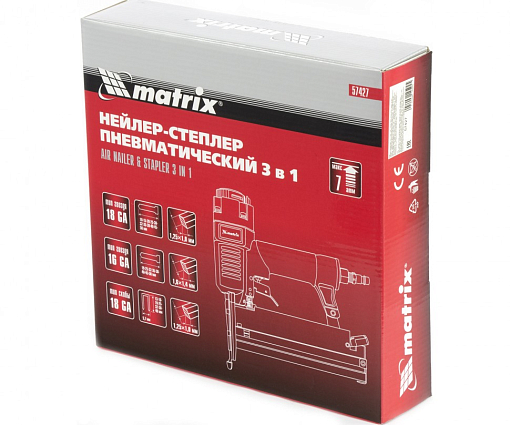 Фото 1 товара Нейлер-степлер пневм. 3 в 1, с регулировкой., гвозди 18GA, гвозди 16GA, скобы 18 GA Matrix