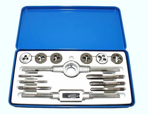 Фото 0 товара Набор метчиков и плашек М3-М10 (14 шт) в металлической коробке, вороток в комплекте
