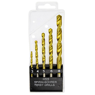 Набор нитридтитановых сверл по мет., 3-4-5-6-8 мм, HSS, 5 шт, пласт. кор.,ц/х Matrix - фото 1