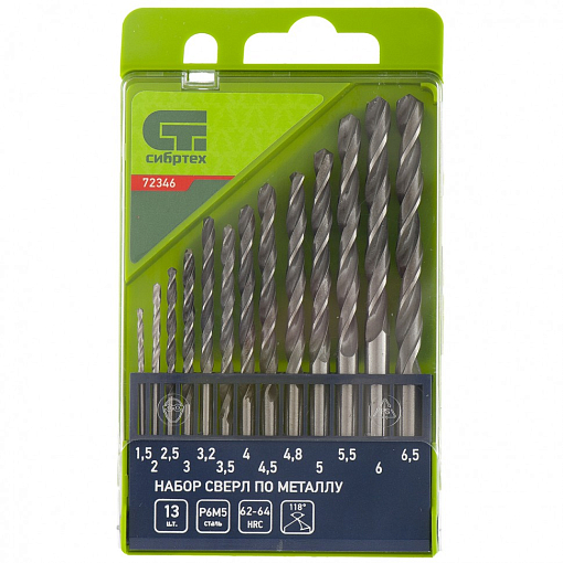 Фото 0 товара Набор сверл по мет., 1,5-6,5 мм, 13 шт, Р6М5, пластиковый кейс, Сибртех