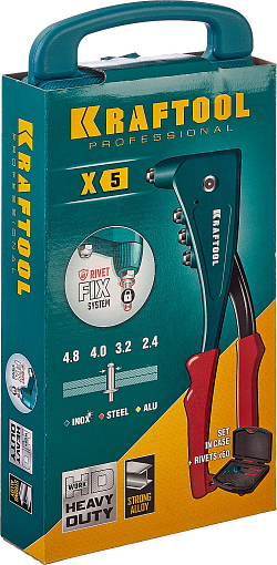 Фото 6 товара Заклепочник 31173-H6_z01 KRAFTOOL заклепки 2.4-4.8 мм - алюминий и сталь, 2.4-4.0 - нерж сталь, в кейсе, с набором заклепок, заклепочник 31173-H6_z01