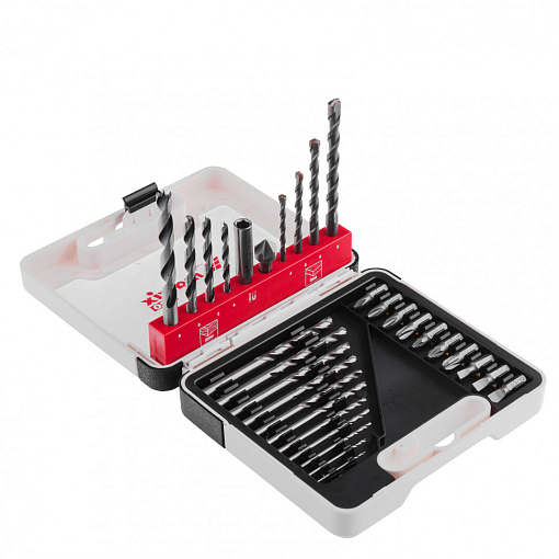 Фото 2 товара Набор сверл комб., мет. 1-6 мм, бет. 4-8 мм, де. 4-8 мм, биты 10 шт., адаптер, зенковка (31 предмет) Pro Matrix